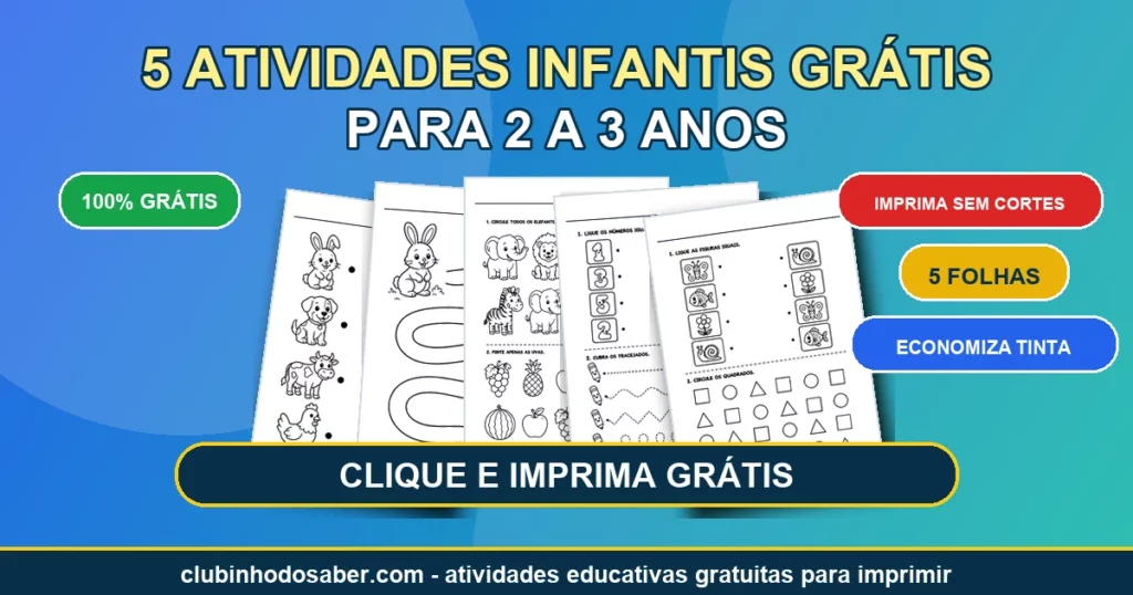 5 atividades infantis grátis para 2 a 3 anos em PDF que economiza tinta