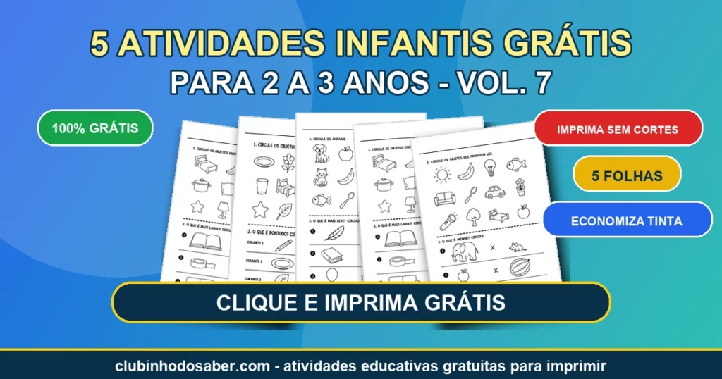 5 atividades infantis grátis para 2 a 3 anos volume 7 em PDF