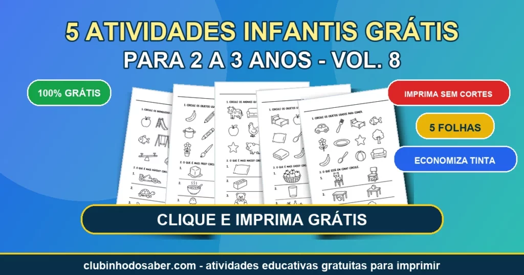 5 atividades infantis grátis para 2 a 3 anos volume 8 em PDF