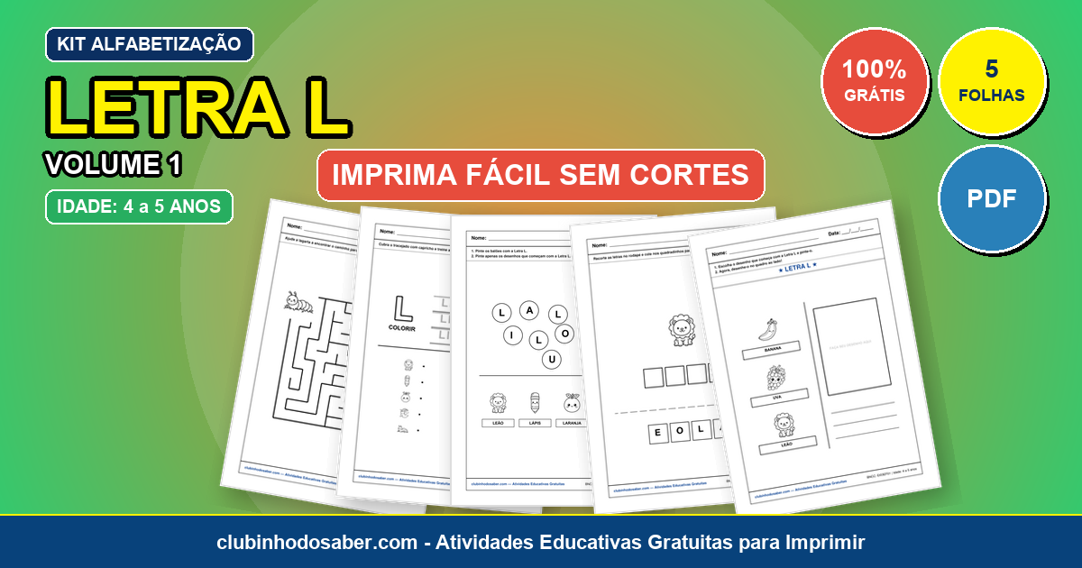 Kit de 5 Atividades da Letra L Grátis para Imprimir