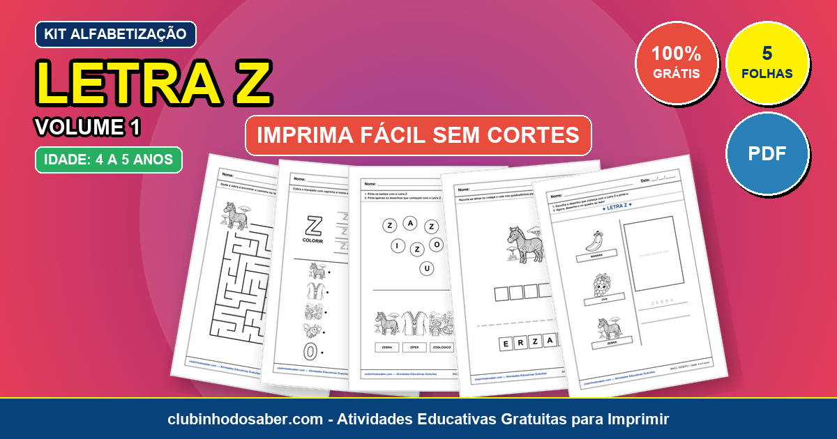 Kit de 5 Atividades da Letra Z Grátis para Imprimir