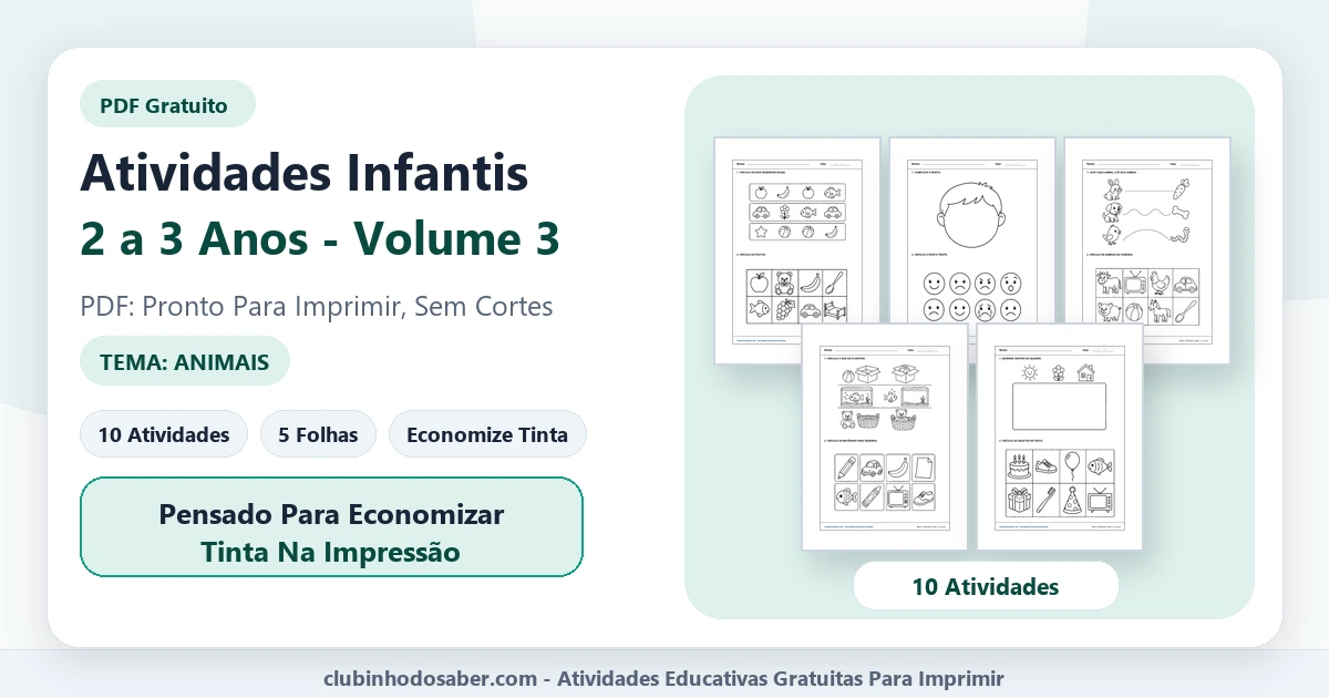 Atividades infantis para 2 a 3 anos volume 3 tema animais em PDF para imprimir