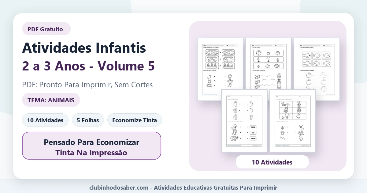 Atividades infantis para 2 a 3 anos volume 5 tema animais em PDF para imprimir