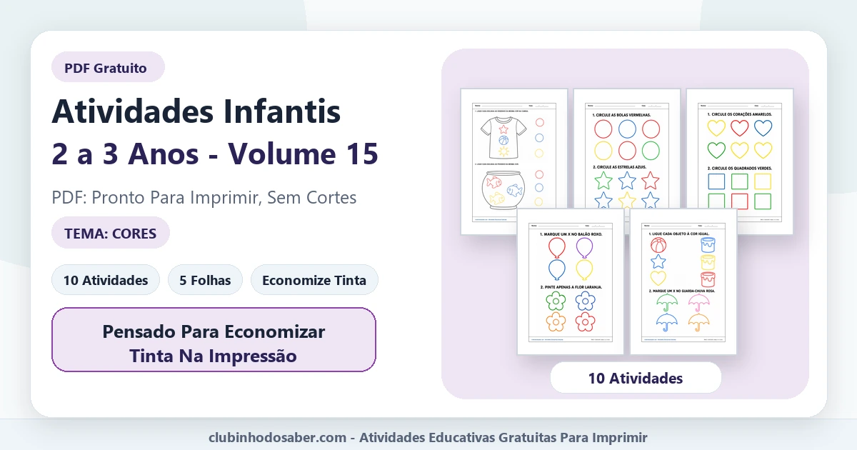 Atividades infantis para 2 a 3 anos volume 15 tema cores em PDF para imprimir