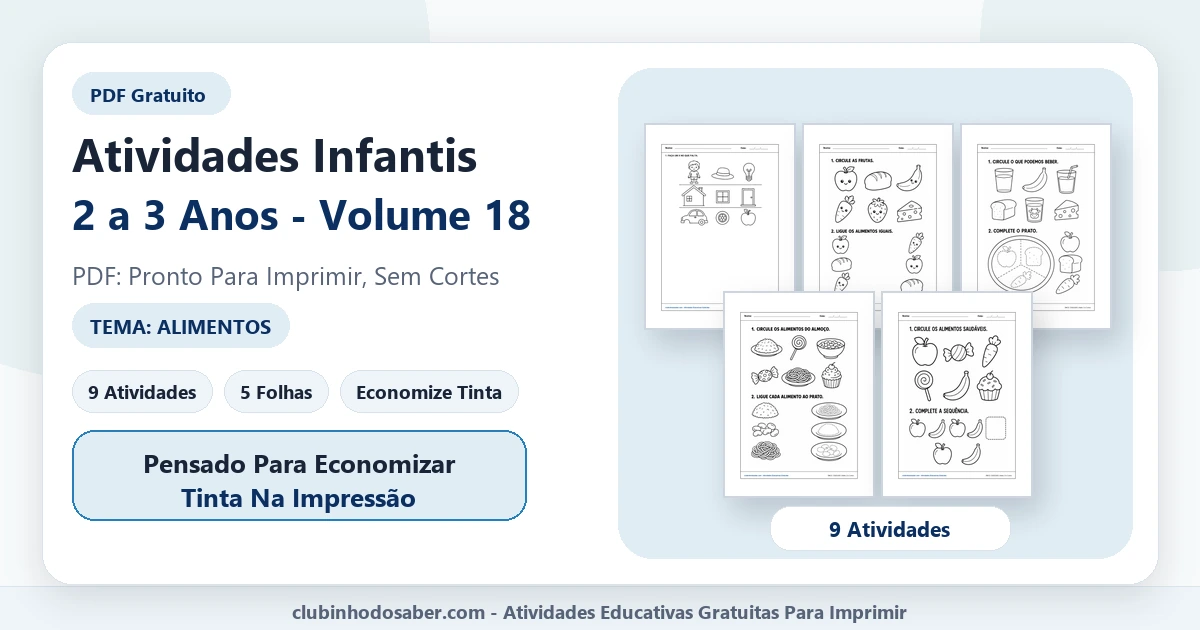 Atividades infantis para 2 a 3 anos volume 18 tema alimentos em PDF para imprimir