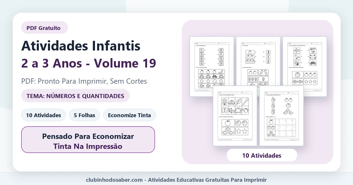 Atividades infantis para 2 a 3 anos volume 19 tema números e quantidades em PDF para imprimir