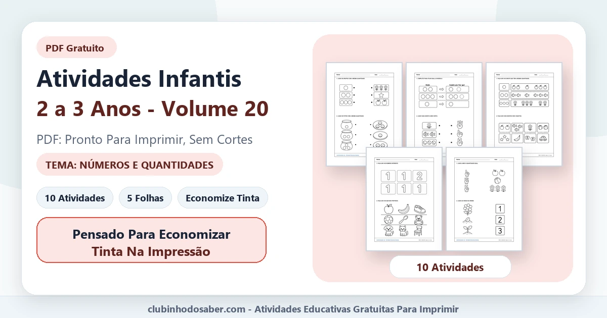 Atividades infantis para 2 a 3 anos volume 20 tema números e quantidades em PDF para imprimir