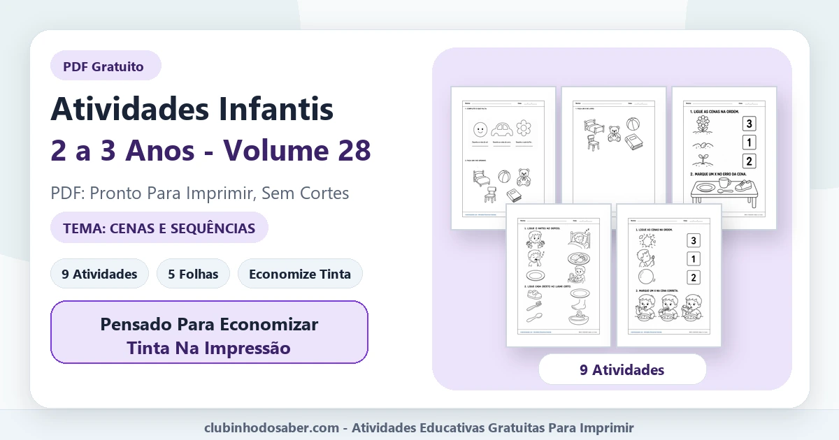 Atividades infantis para 2 a 3 anos volume 28 tema cenas e sequências em PDF para imprimir