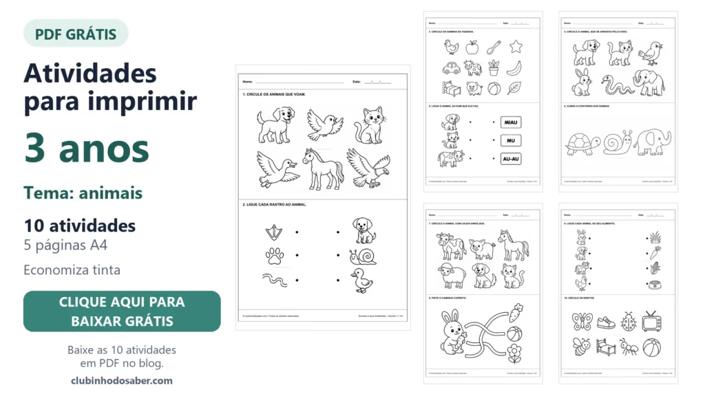 Atividades para imprimir para crianças de 3 anos, material 3A-ANI-01.