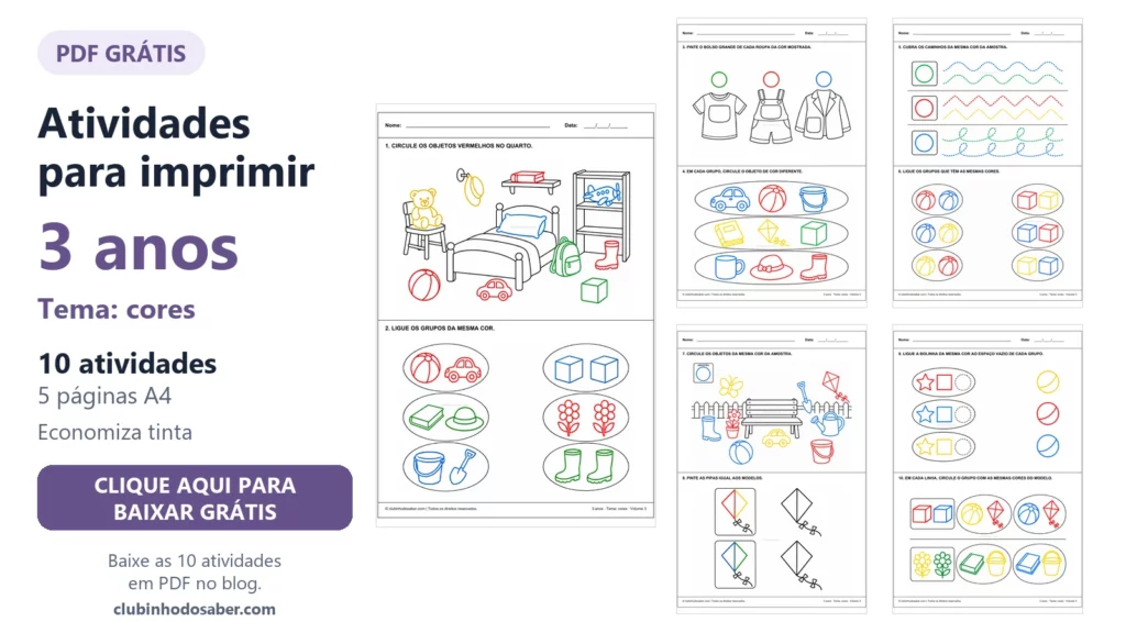 Atividades para crianças de 3 anos, tema cores, volume 3, em PDF gratuito.