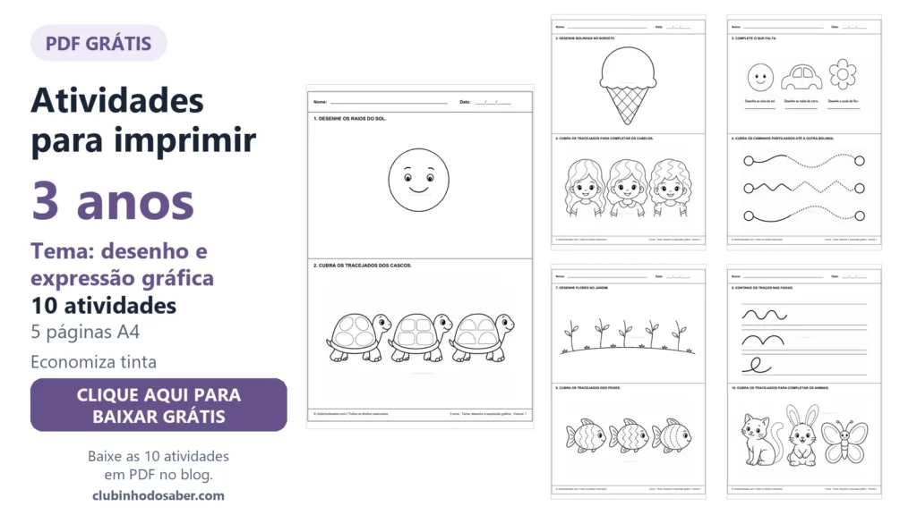 Atividades para imprimir para crianças de 3 anos, tema desenho e expressão gráfica, volume 1.