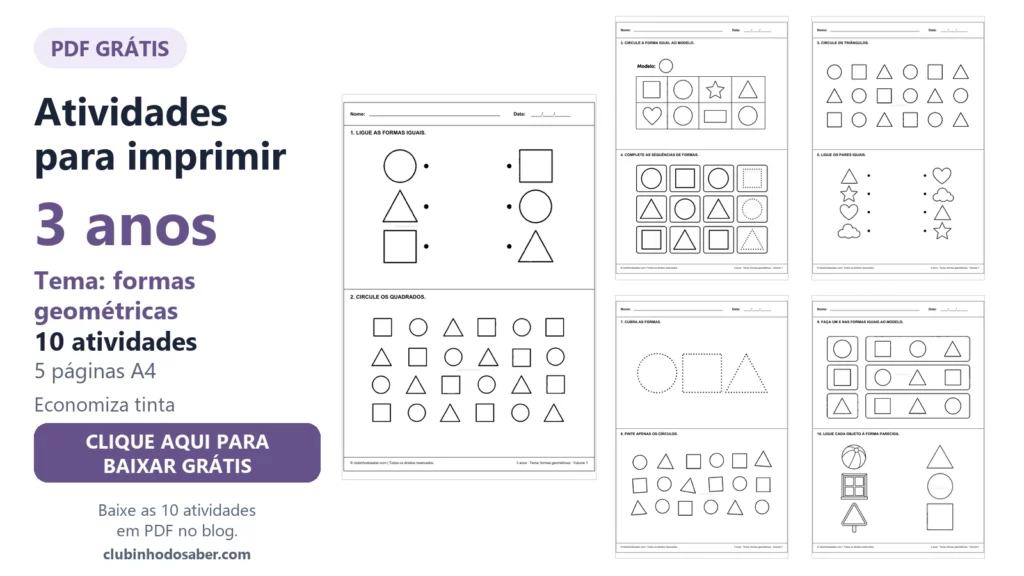 Atividades para imprimir para crianças de 3 anos, tema formas geométricas, volume 1.