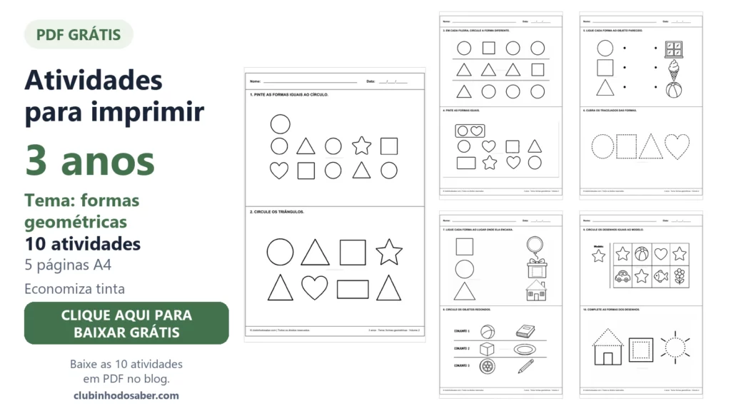 Atividades para imprimir para crianças de 3 anos, tema formas geométricas, volume 2.