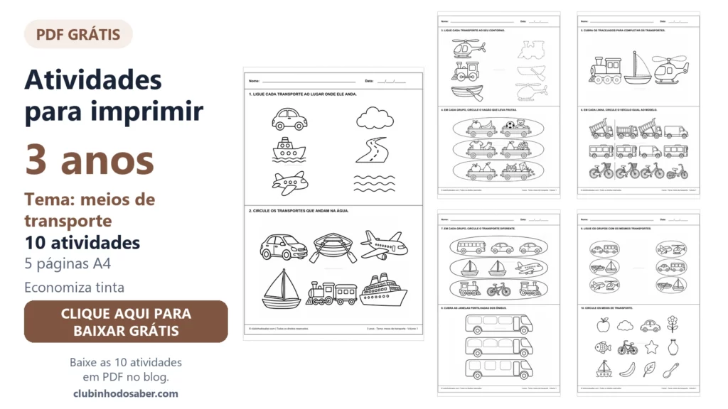 Atividades para imprimir para crianças de 3 anos, tema meios de transporte, volume 1.
