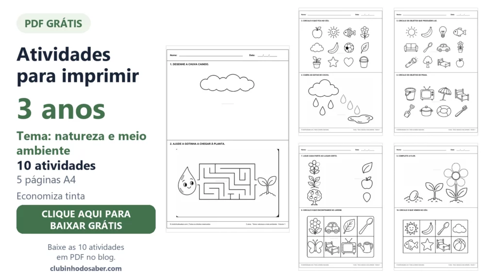 Atividades para imprimir para crianças de 3 anos, tema natureza e meio ambiente, volume 1.