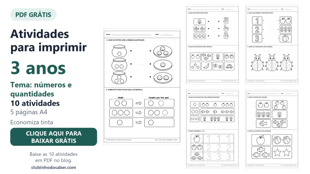 Atividades para imprimir para crianças de 3 anos, tema números e quantidades, volume 1.