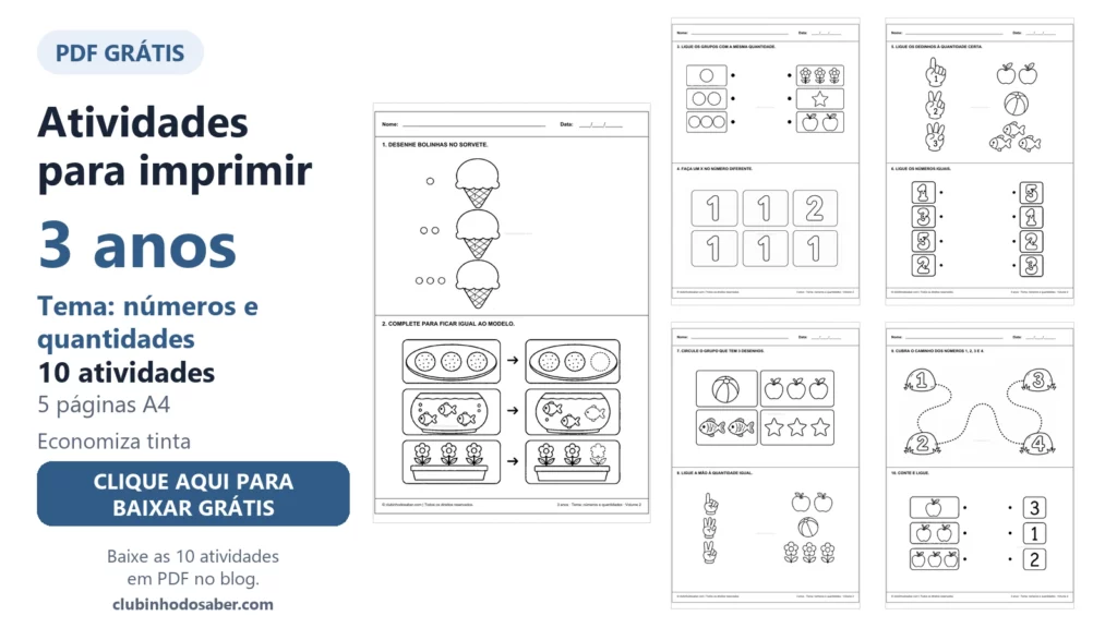 Atividades para imprimir para crianças de 3 anos, tema números e quantidades, volume 2.