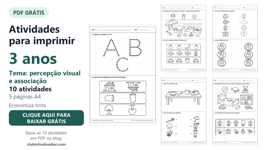 Atividades para imprimir para crianças de 3 anos, tema percepção visual e associação, volume 1.