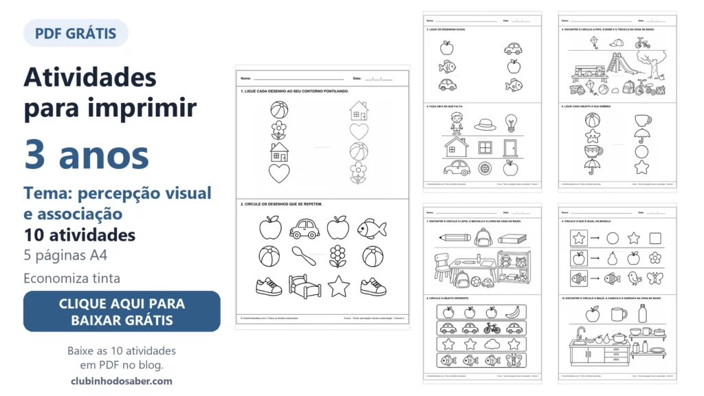 Atividades para imprimir para crianças de 3 anos, tema percepção visual e associação, volume 2.