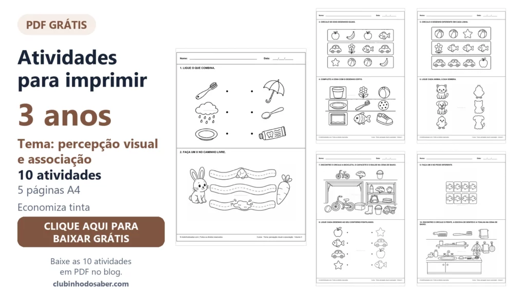 Atividades para imprimir para crianças de 3 anos, tema percepção visual e associação, volume 3.